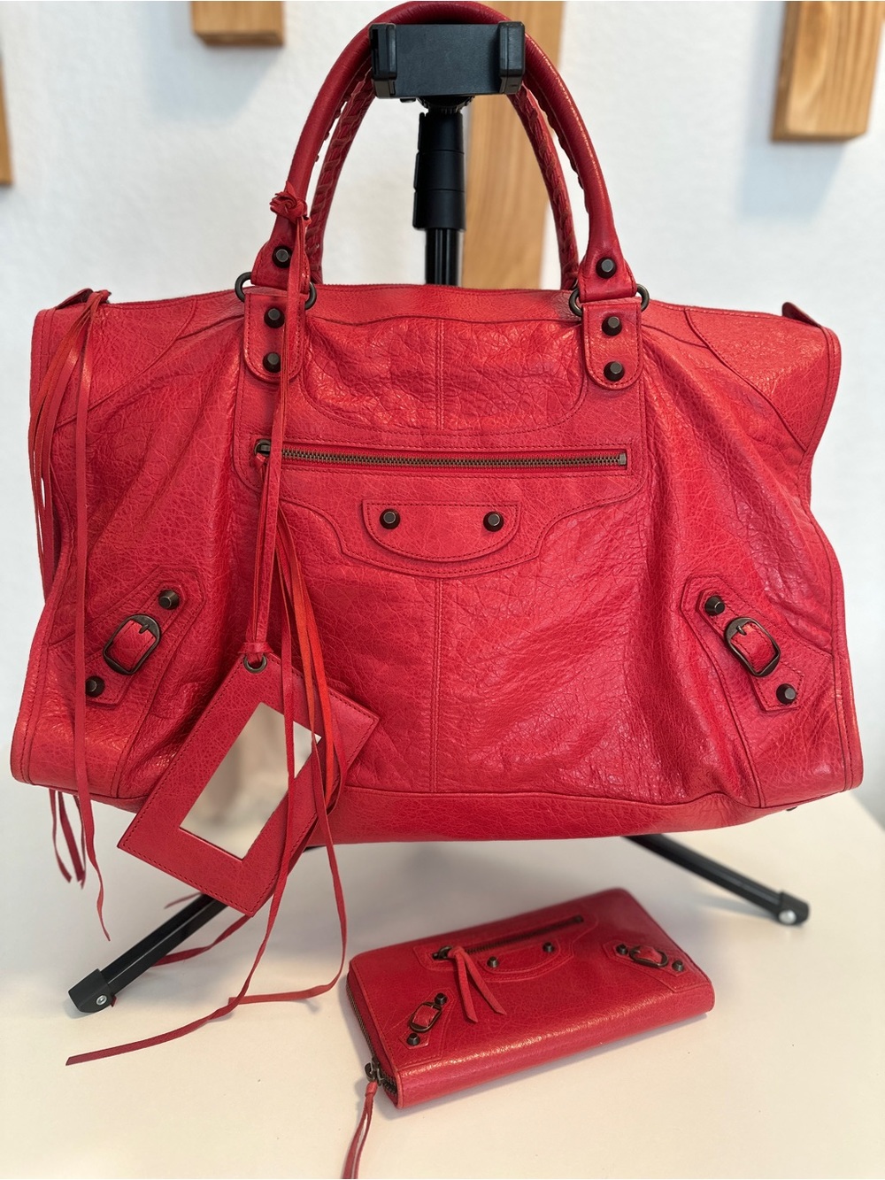 Authentic Balenciaga Motocross City Giant Red Bag with Matching Authentic Wallet